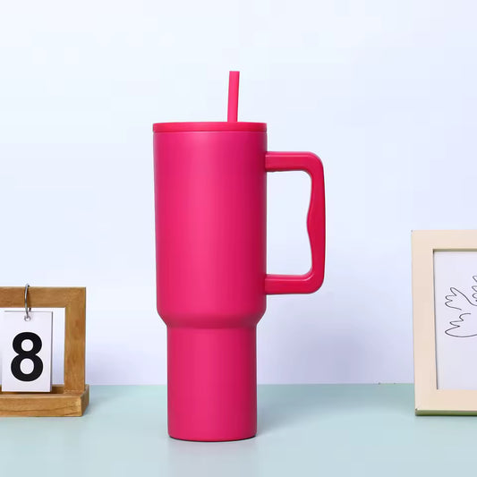 Bouteille isotherme 40oz rose avec paille et poignée, acier inoxydable