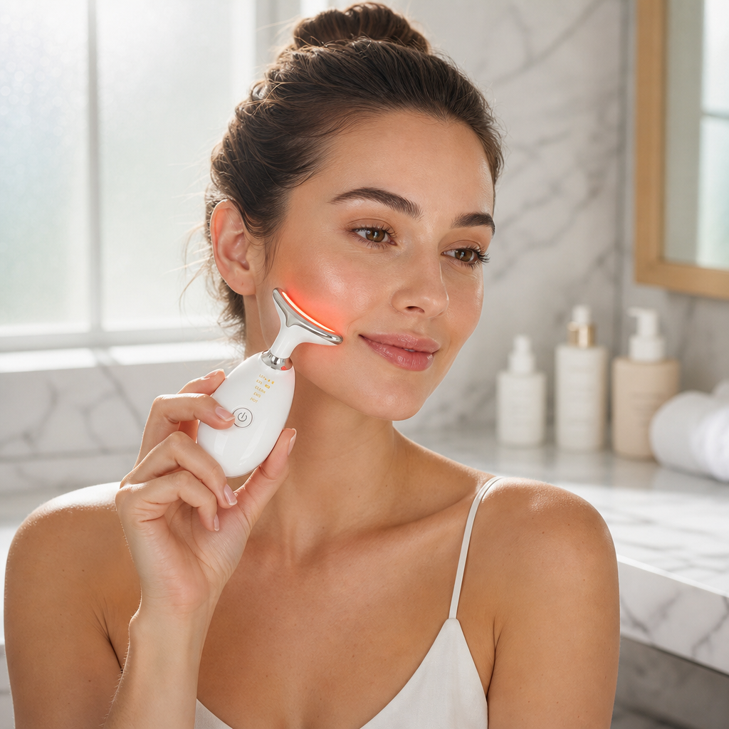 Masseur visage EMS LED - utilisation sur la joue avec photothérapie rouge