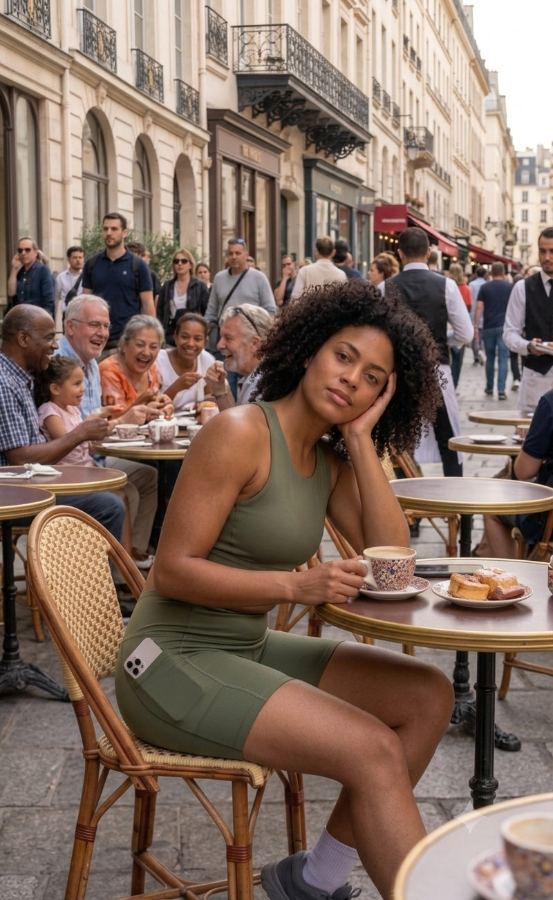 Femme portant un short taille haute Zigzag Store kaki avec poche latérale, assise à une terrasse parisienne